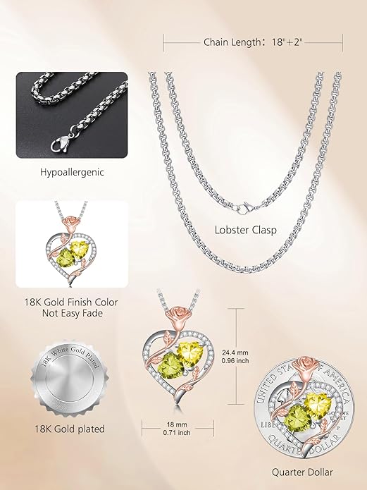 Christmas Gifts for Women Rose Heart Birthstone Pendant Necklace I Love You Forever Jewelry Valentine Mothers Day Birthday Gifts for Women Her Wife Girlfriend