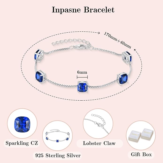 Birthstone Bracelet for Women 925 Sterling Silver Dainty Princess Cut Link Bracelet Jewelry Gifts for Her