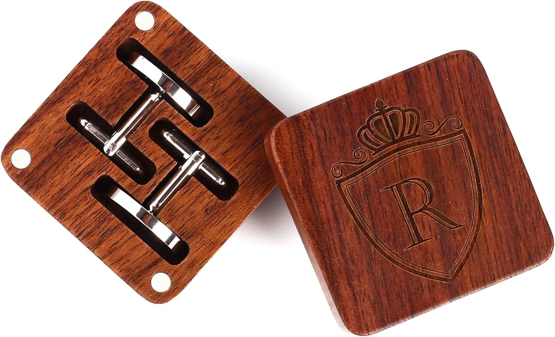 Mens Initial Silver Cufflinks A-Z Alphabet Letter Steel Cuff Links with Engraved Walnut Wood Box Groom Groomsman Wedding Set…