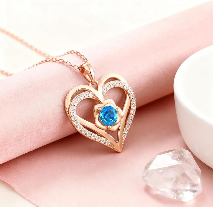 Birthstone Pendant Necklace for Women, Heart Jewelry with Rose Flower Birthday Gift Idea for Wife Girlfriend Mom Friendship on Valentine‘s Day Anniversary Christmas Wedding, 925 Sterling Silver