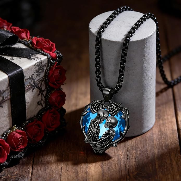 Flpruy 925 Sterling Silver Black Gothic Jewelry Gifts Skeleton Couple Pendant Crystal Birthstone Heart Necklace Punk Romantic Jewelry for Lover Men Women