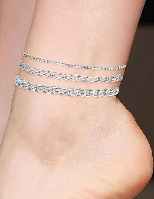 6PCS 18k Gold Plated Stainless Steel Ankle Bracelets for Women Waterproof Layered Herringbone Figaro Bead Paperclip Rope Tennis Box Cuban Link Rolo Satellite Chain Anklets Set Gold Tone