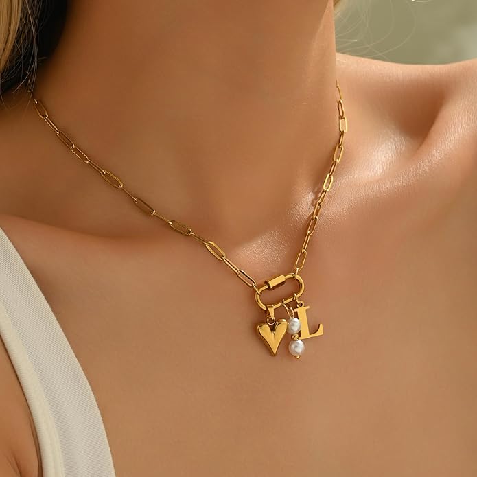 Gold Heart Initial Necklaces for Women 18K Gold Plated Dainty Pearl Letter Necklace Personalized Monogram Name A-Z Pendant Everyday Jewelry for Women