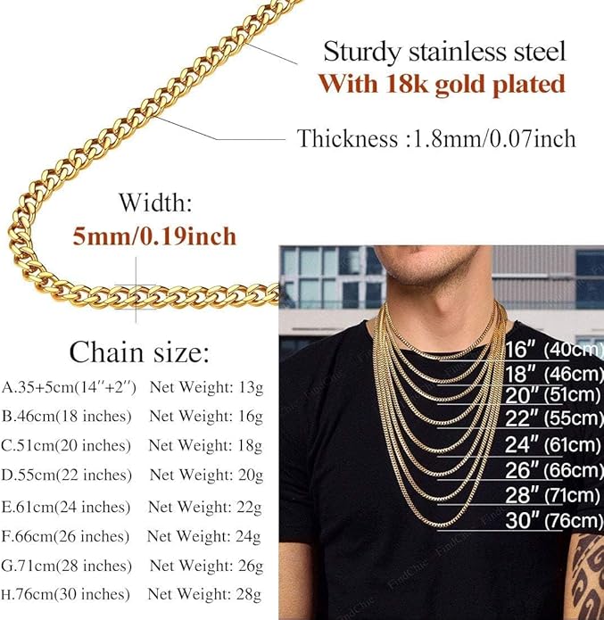FindChic Men Curb Chain Necklace 18K Gold Plated/Stainless Steel/Black Chunky Double Tight Cuban Link Hip Hop Neck Chains for Men Boys 3.5MM/5MM/6MM/7MM/9MM/12MM 14''-30'' 8 Length Options (Send Gift Box)