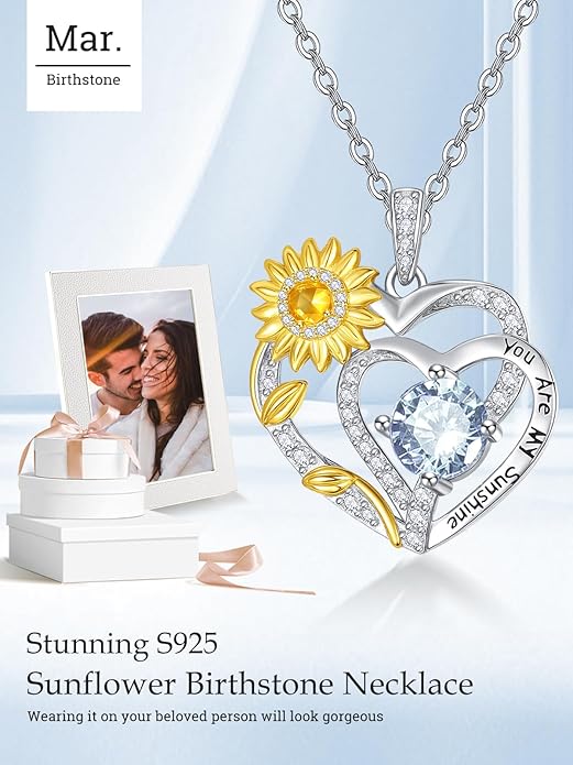 Zeuslia Double Birthstone Necklace Gifts for Wife - 925 Sterling Silver Sunflower/Rose/Crown Cross/Compass/Heart Pendant I Love You Necklace, Anniversary Birthday Gifts for Wife Girlfriend Mom Her