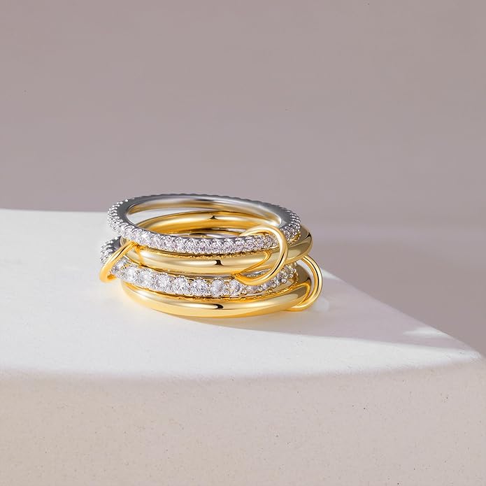 FUSAHURIY 2PCS Gold Stackable Rings Set for Women, 14K Gold Plated Interlocking Linked Rings with Cubic Zirconia, Gold Silver Mixed Metal Stackable Ring, Statement Jewelry Gifts