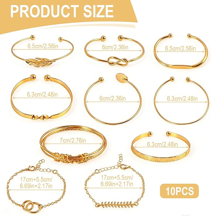 Vocect 10 Pcs Stackable Gold Bracelets for Women Set, 14K Gold Plated Mixed Style Bracelet Set Adjustable Paperclip Chain Cuban Link Beaded Cuff Waterproof Jewelry Sets for Layering Fashion Gifts