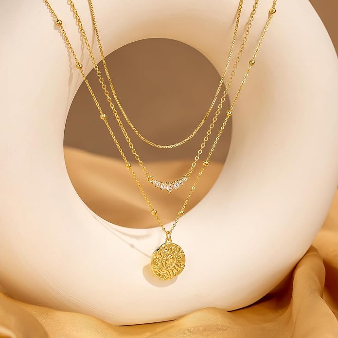 CHESKY 14K Gold Plated Layered Necklaces for Women,Dainty Gold/Silver Plated Chain Necklace CZ Pendant Necklace Adjustable Layering Choker Necklace jewelry Gifts