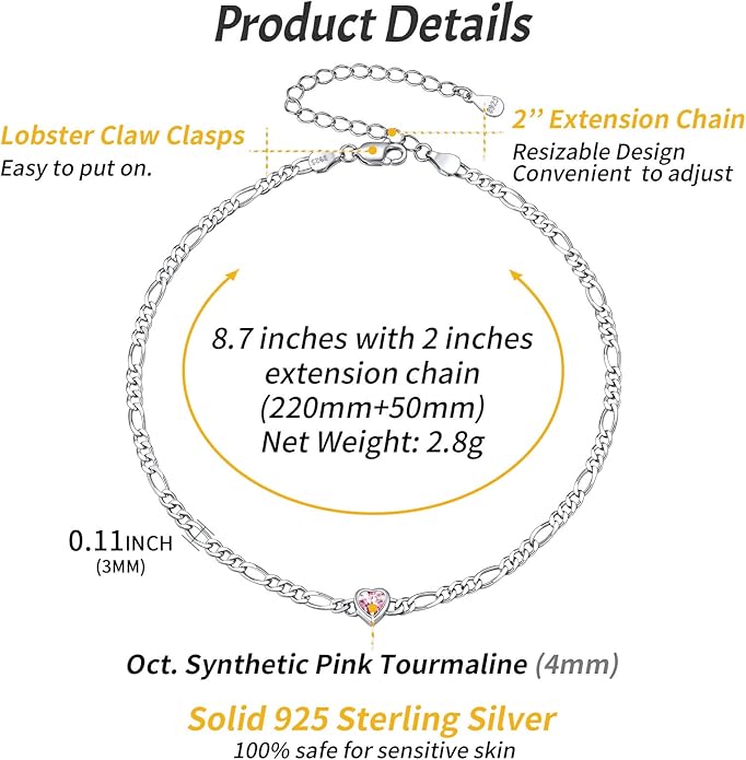 ChicSilver Sterling Silver Anklets Bracelets for Women, Figaro Chain Heart/Round Birthstone Anklet for Women Waterproof, Dainty Herringbone Ankle Bracelet Summer Beach jewelry
