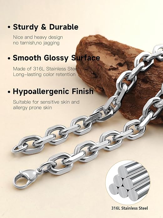 Hoyazvet Cable Chain Stainless Steel Necklace for Men Women, 3/5/8/10/13MM Width, 18K Gold Plated/Black Metal/316L Stainless Steel Sturdy Rolo Link Chain Necklace, 18-30inch Length