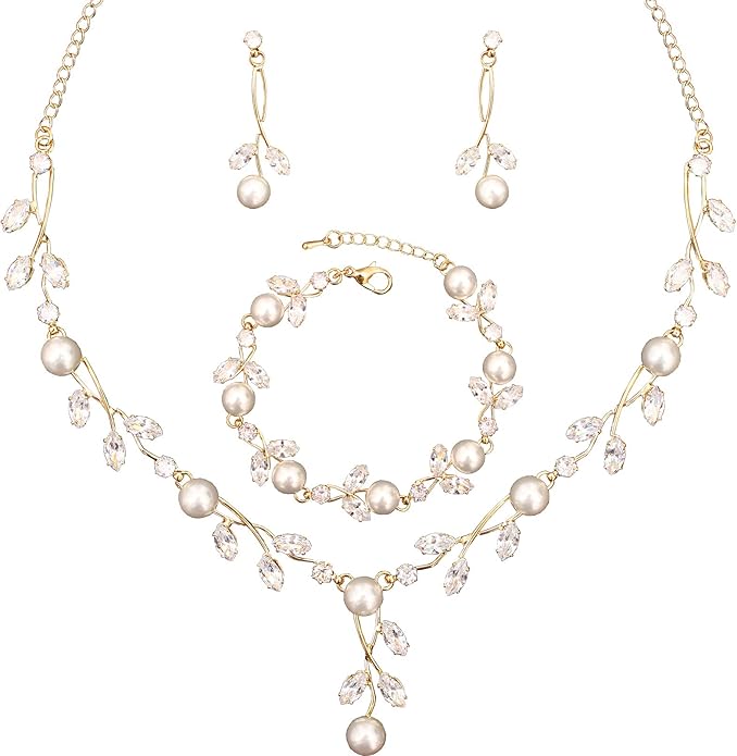 Luxury Cubic Zirconia Aurtrian Crystal Pearl Floral Necklace Dangle Earrings Wedding Bridal Jewelry Set Birthday Gifts for Her