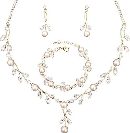 Luxury Cubic Zirconia Aurtrian Crystal Pearl Floral Necklace Dangle Earrings Wedding Bridal Jewelry Set Birthday Gifts for Her