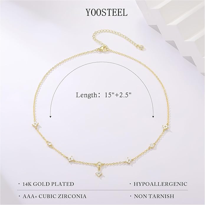 Yoosteel Dainty Gold-plated Clover Pearl Heart Butterfly Star flower Choker Necklace for Women - 14K Gold Plated Cubic Zirconia Pendant Station Necklaces for Women Teens Trendy Prom Jewelry Gifts
