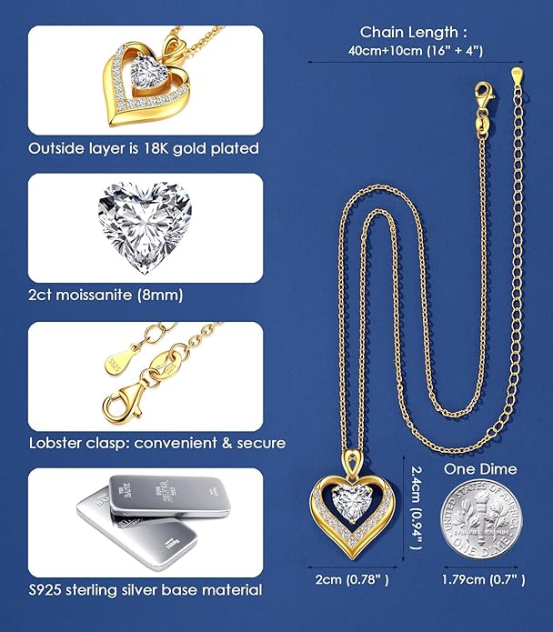 Beam & Bask 2-3 Ct Moissanite Double Heart Pendant Necklaces for Wife, 18K Gold Plated S925 Silver Jewelry for Women Girlfriend Mom Her on Anniversary Birthday