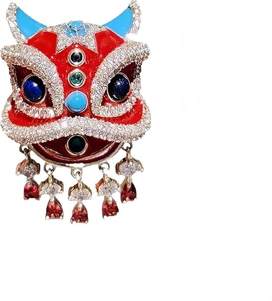 Chinese Lion Dance Brooch, Vintage Enamel Floral & Cat Eye Pearl Adjustable Lapel Pin for Women & Men – Traditional Asian Style Awakening Lion Brooch for Jacket, Blazer, Scarf, Qipao, Wedding, Festival Gift (Gold/Red/Blue)