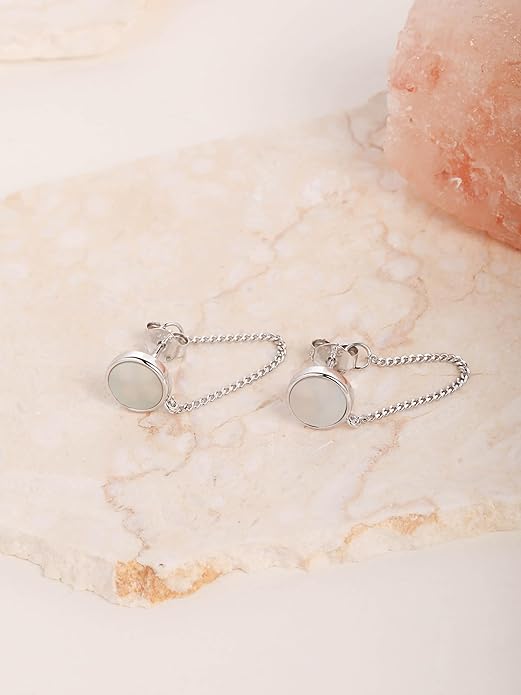 S.Leaf Gold Stud Earrings for Women 925 Sterling Silver Hypoallergenic Mother of Pearl Shell Stud Chain Earrings Friendship Jewelry Gifts for Women Her