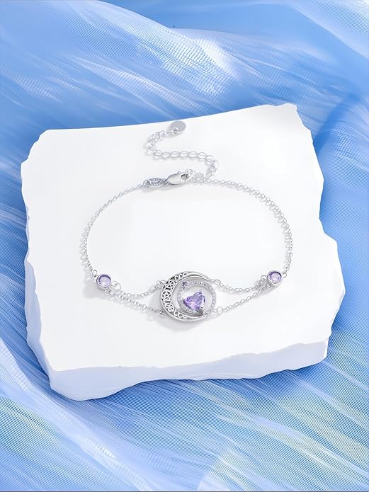Dorunmo 925 Sterling Silver Moon Heart Birthstone Anklet Bracelets for Women Best Mother's Day Birthday Jewelry for Wife Girlfriend Mom Her