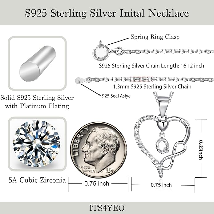Valentines Day Gifts for Women Hers, Dainty 925 Sterling Silver Infinity Heart Initial Necklace, Letter A-Z Zircon Pendant, Jewelry Gift for Wife