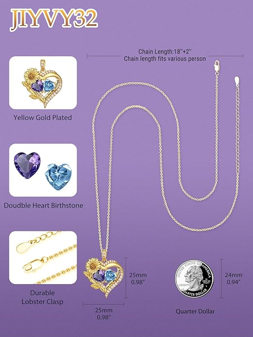 Sunflower Heart Necklace for Women 14K Gold Exquisite Anniversary Birthday Gifts for Wife Mother Her Double Birthstone Pendant jewelry‘You Are My Sunshine’
