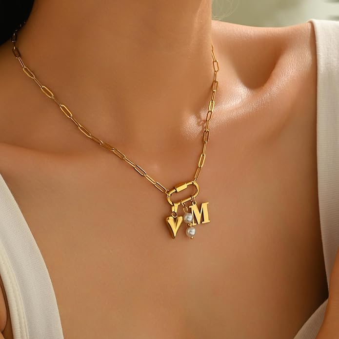 Gold Heart Initial Necklaces for Women 18K Gold Plated Dainty Pearl Letter Necklace Personalized Monogram Name A-Z Pendant Everyday Jewelry for Women