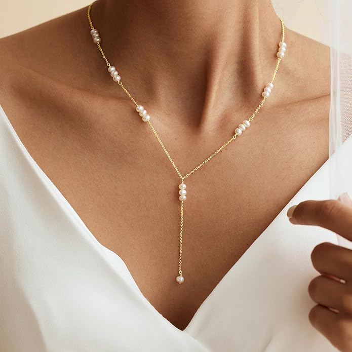 Gold Pearl Necklaces for Women Trendy, 14K Gold Plated Dainty Necklace Simple Layered Pearl Necklaces for Women Trendy Wedding Birthday Jewelry