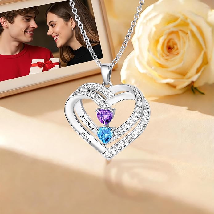JOBFLY S925 Sterling Silver Customized 2 Birthstone Heart Necklace with 2 Name Engraved Personalized Mother Daughter Necklace Couple Jewelry Christmas Birthday Gift