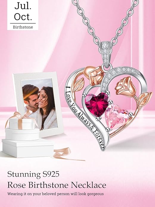Zeuslia Double Birthstone Necklace Gifts for Wife - 925 Sterling Silver Sunflower/Rose/Crown Cross/Compass/Heart Pendant I Love You Necklace, Anniversary Birthday Gifts for Wife Girlfriend Mom Her