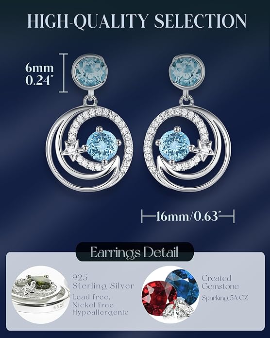 FANCIME Dangle Drop Earrings 925 Sterling Silver Moon Star Round Gemstone Birthstone Jewelry Birthday Christmas Gifts for Her Women