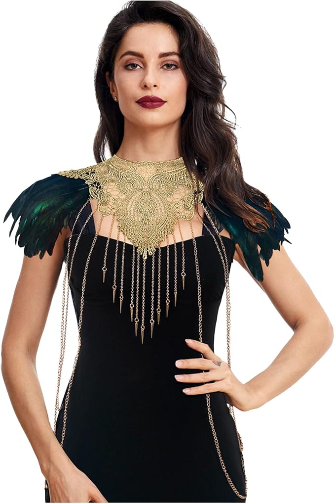 L'VOW Real Black Feather Harness Lace Collar Necklace Bib Halloween