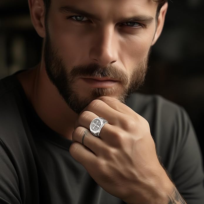 EUDORA S925 Sterling Silver St Benedict Ring San Benito Rings for Women Men, Vintage Ankh Cross Ring Saint Benedict Amulet Adjustable Rings Gifts for Women Mens Father Mother