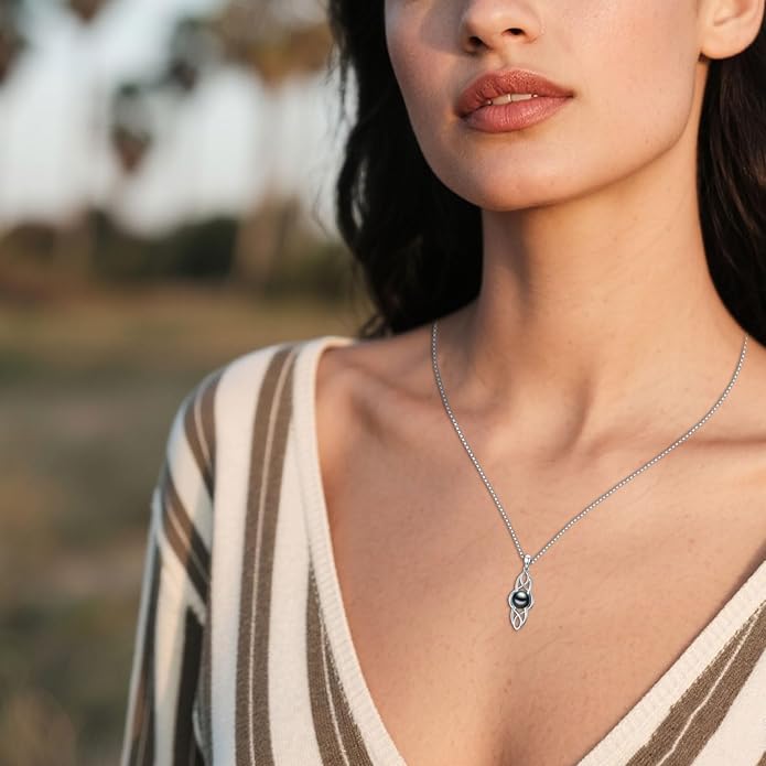 KANNSOAR Tahitian Black Pearl AAAA 18K White Gold Plated Sterling Silver Celtic Knot Pendant Necklace for Women Wife Mom Girlfriend Valentine Her Jewelry Gift for Anniversary Birthday