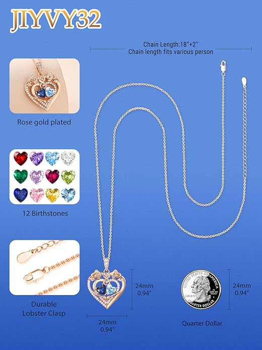 JIYVY32 Rose Heart Necklace for Women Exquisite 925 Sterling Silver Anniversary Birthday Gifts for Wife Mom Her Double Birthstone Pendant Jewelry