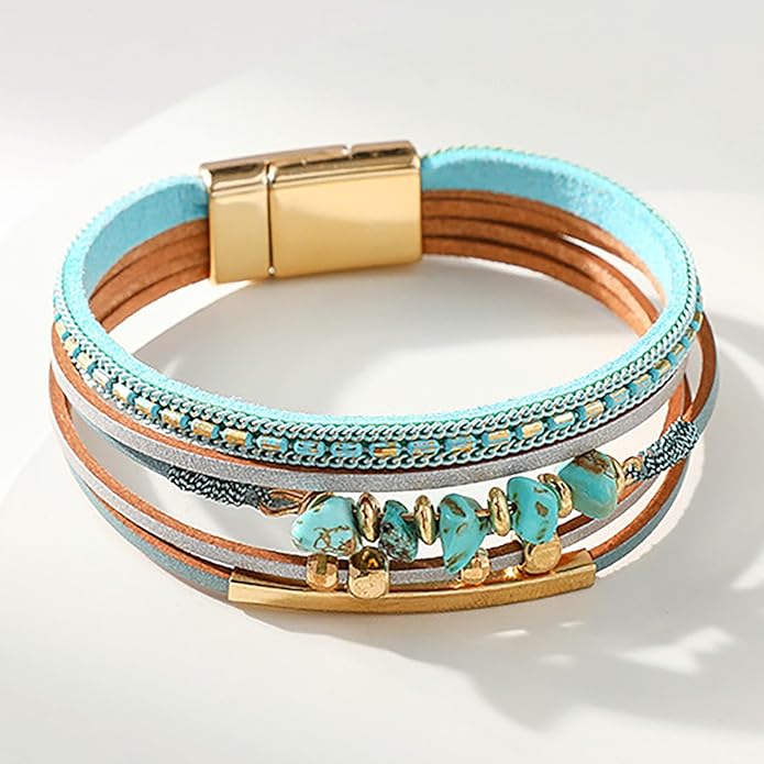 Fesciory Leather Wrap Bracelets for Women, Boho Leopard Multi-Layer Crystal Beads Cuff Bracelet Jewelry