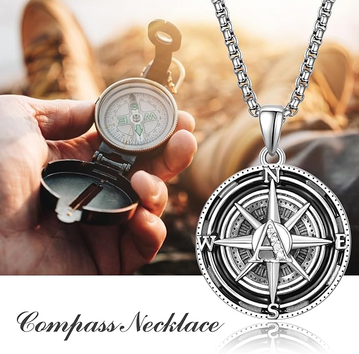 KINGWHYTE Compass Necklace for Men 925 Sterling Silver Birthday Gifts Graduation Travel Jewelry for Husband Brother with Stainless Steel Chain