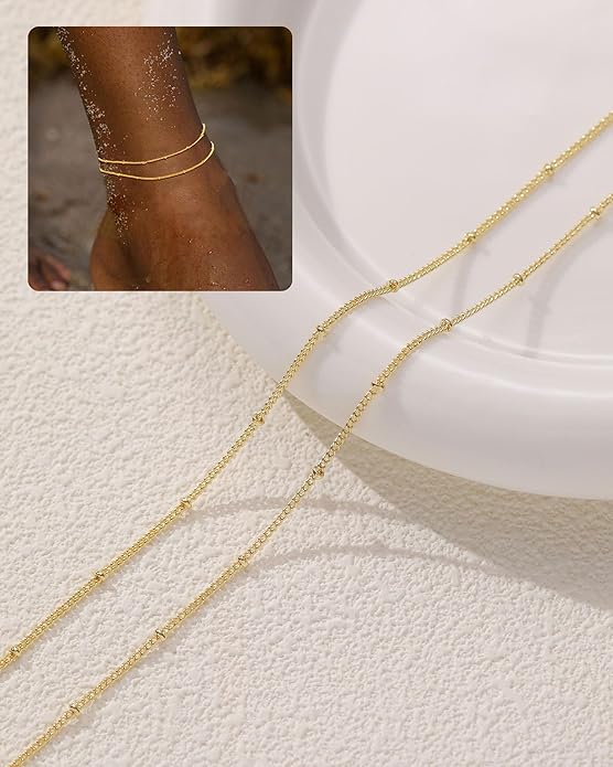FUNEIA Gold Silver Ankle Bracelets for Women Waterproof 14K Gold Plated Anklets for Women Non Tarnish Dainty Layered Beaded Heart Anklet Set Summer Beach Foot Chain Jewelry Gifts Trendy Stuff