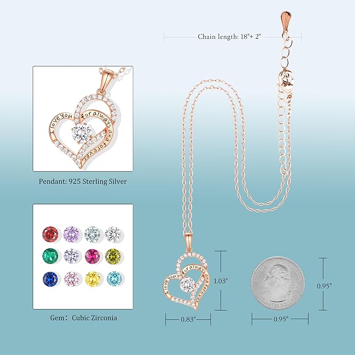 Heart Birthstone Silver Necklace for Women, S925 Sterling Silver Pendant Necklace Birthday Jewelry Gifts for Her Mother Mom Wife Girlfriend