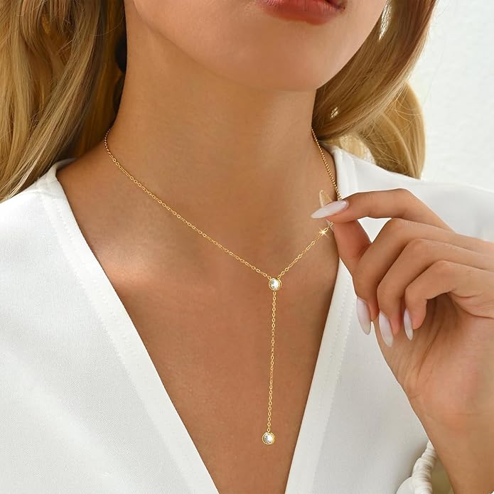 Zeffy Lariat Gold Necklace for Women, Dainty Long Necklace 14k Gold/Silver Plated Layered CZ Beaded Bar Chain Y-Shaped Body Chain Stack Drop Wedding Necklace Trendy Simple Gold Jewelry Gifts
