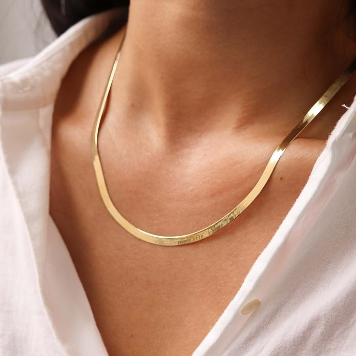 DEARMAY 14K Gold Plated Necklaces for Women, Dainty Gold Herringbone Choker Necklace Thin Layered Snake Chain Jewelry for Gifts