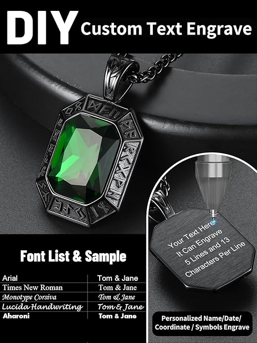 ChainsHouse Viking Rune Pendant Necklace for Men Women, Punk Biker Black Metal/316L Stainless Steel Onyx Norse Vintage Amulet Necklaces with Black/Red/Green/Blue Gemstone, Send Gift Box