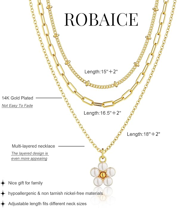 Layered Necklace for Women 14K Gold Plated Dainty Paperclip Herringbone Pearl Cross Pendant Necklace Stack，Layering Chain Cuban Figaro Rope Chain Choker Trendy Gold Jewelry Gift