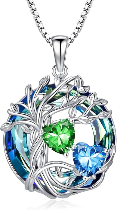TOUPOP s925 Sterling Silver Family Celtic Tree of Life Pendant Necklaces with 2 Heart Birthstone with Blue Austrian Crystal Jewelry Birthday Anniversary Christmas Gifts for Her Wife Girlfriend Mom (18K Real White Gold Filled)