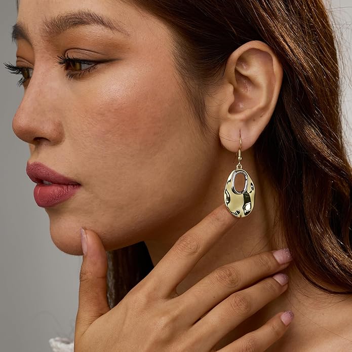 Hefanny Large Hammered Teardrop Dangle Earrings Geometric Chunky Flower Earrings Women's Trendy Statement Jewelry Multiple Styles