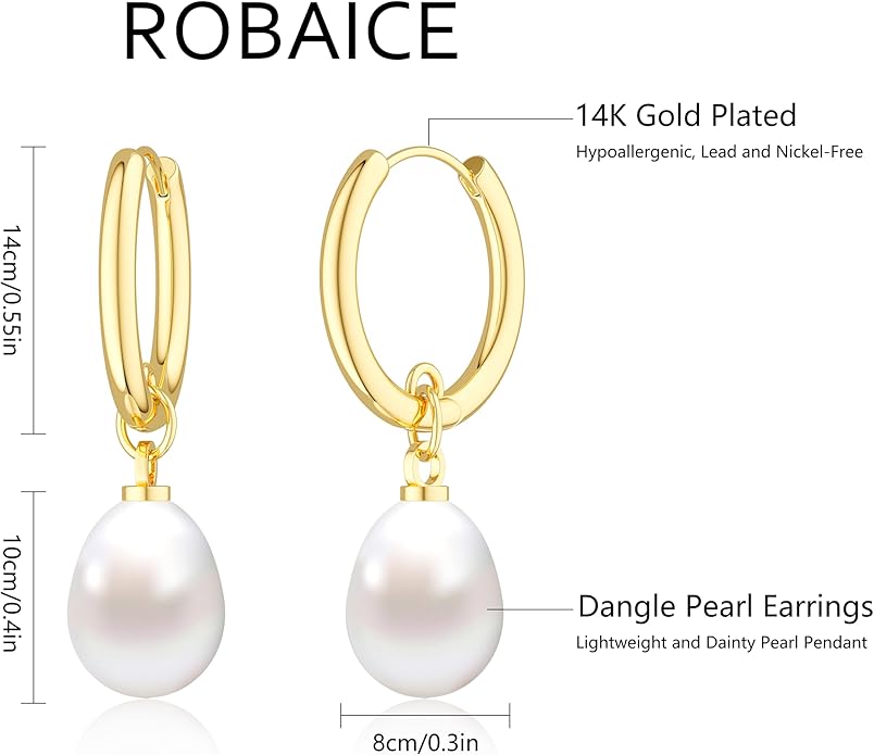 14K Gold Plated Pearl Dangle Earrings for Women, Small Pearl Drop Huggie Hoop Earrings, Hypoallergenic Dainty Gold Wedding Earrings Jewelry Gifts for Women Trendy