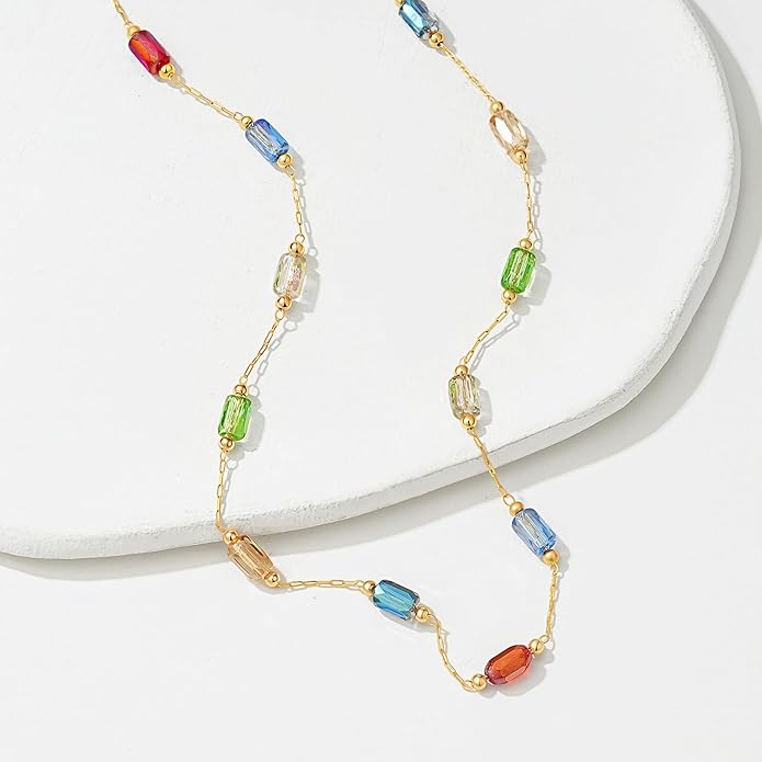 MTMY Beaded Necklaces for Women 14K Gold Plated Dainty Colorful Green/Rose Beaded Pearl Choker Necklace Delicate Boho Choker Necklace Jewelry Gift