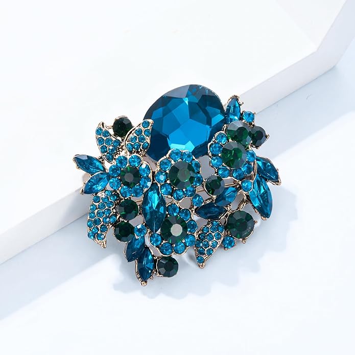 EVER FAITH Rhinestone Crystal Party Flower Leaf Vine Brooch