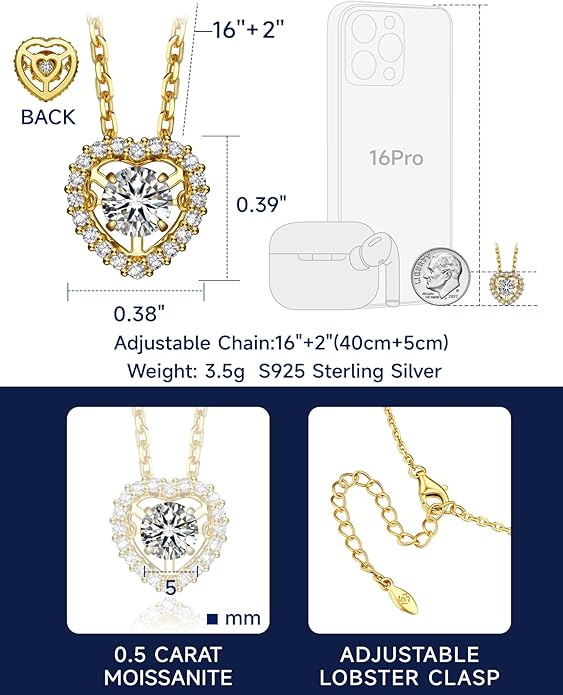 MomentWish Dancing Heart Necklace for Women, 0.5/1 Carat Dancing Moissanite Necklace for Her 925 Sterling Silver Pendant Anniversary Birthday Christmas Gift for Wife Mom Girlfriend