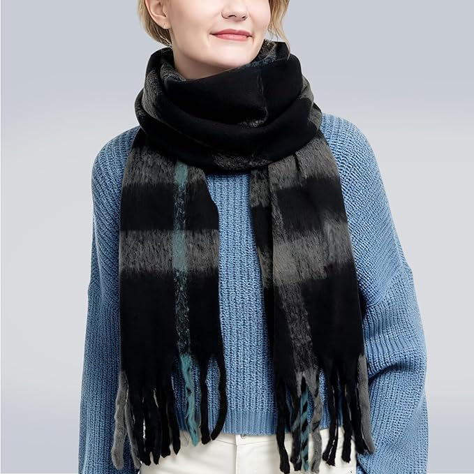 SHOHOKU Large Chunky Plaid Scarf Coloured Checked Oversized Scarf Tassel Soft Fall Winter Thick Warm Shawl Women