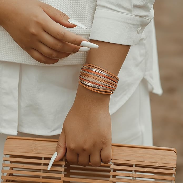 FANCY SHINY Boho Leather Wrap Bracelet Stackable Layered Bangle Cuff with Magnetic Clasp