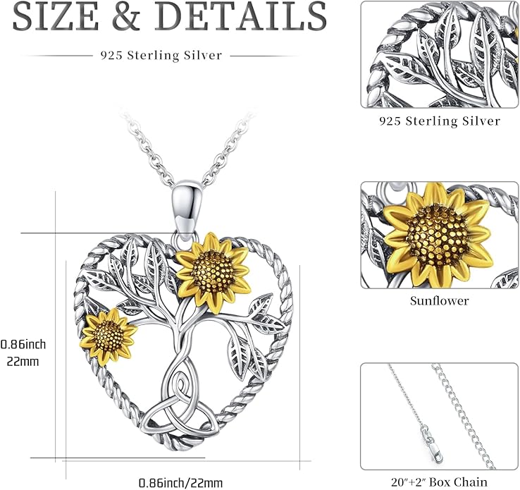 CHENGHONG Sunflower Necklace 925 Sterling Silver Tree of Life Necklace Daisy/Rose/Sunflower Pendant Necklace Sunflower Jewelry Gifts for Women Mom