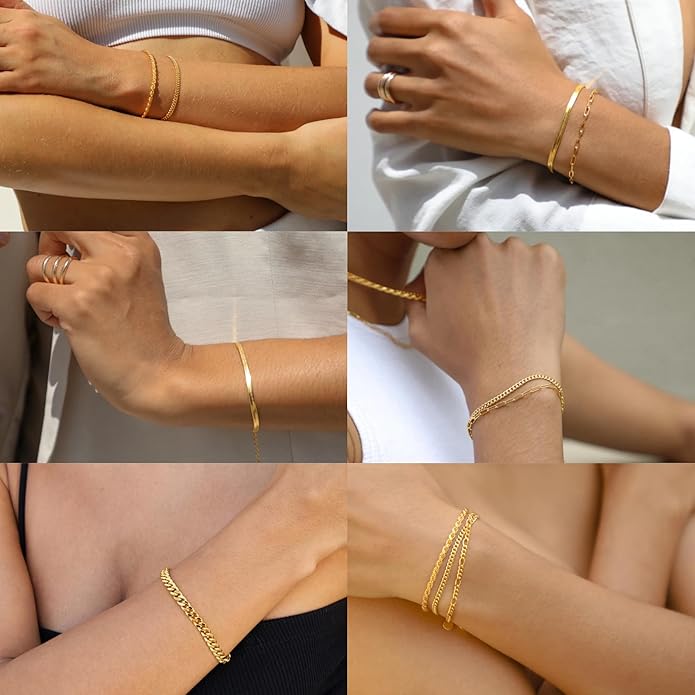 7PCS 14K Gold Plated Bracelets Sets for Women，Dainty Fashion Layered Cuban Link Chain Herringbone Paperclip Chain Bracelets Stack，Trendy Simple Stackable Gold Silver Bracelets Jewelry Gifts